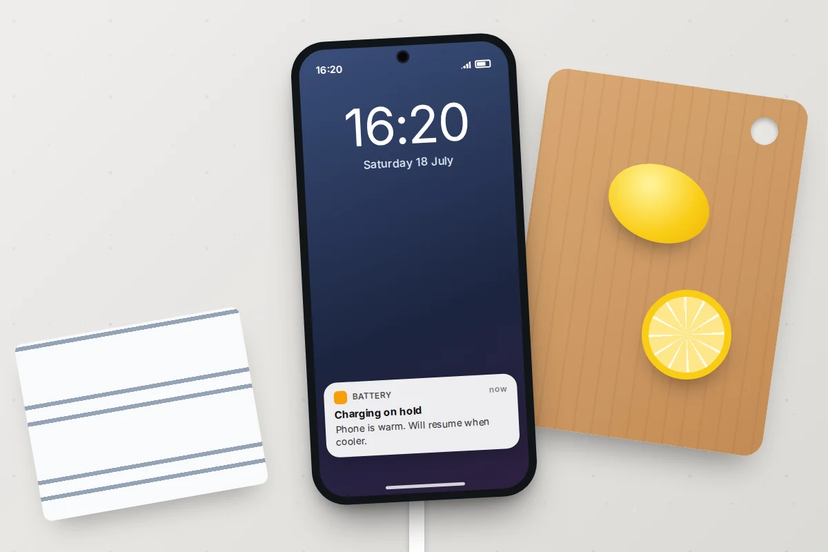 A phone lying on a kitchen worktop with a lock screen notification saying charging is on hold because the phone is warm