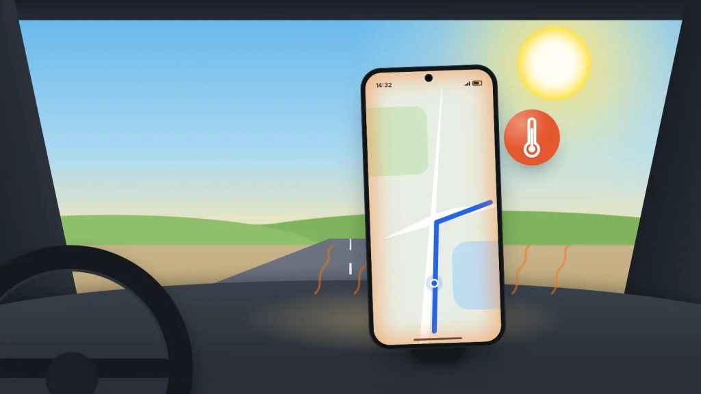 A phone showing a navigation map in a windscreen mount, with bright sun behind it and heat rising from the dashboard
