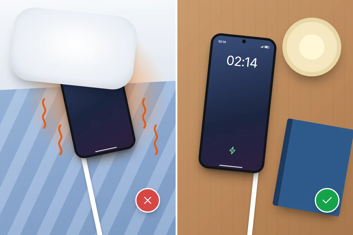 Two scenes: a phone charging under a pillow on a bed marked with a red cross, and a phone charging on a bedside table marked with a tick