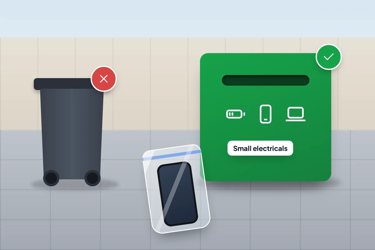 A phone sealed in its own clear plastic bag beside an electronics recycling drop-off box, next to a household bin marked with a cross