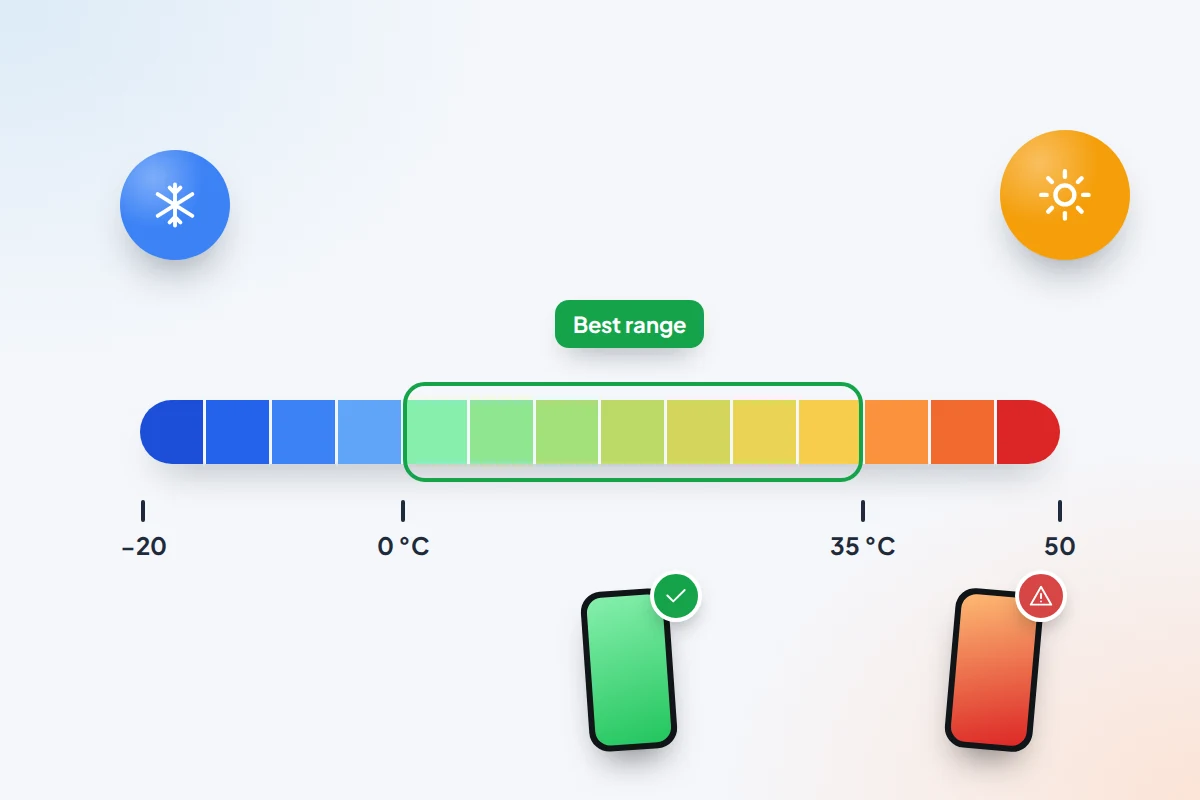 A temperature scale from −20 to 50 °C in coloured bands, with 0–35 °C outlined as the best range and a phone flagged beyond it
