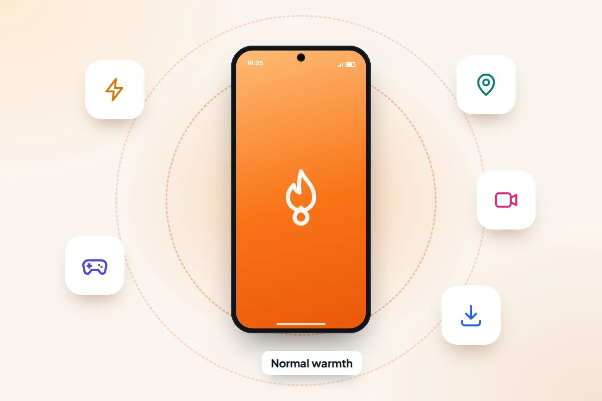 A phone surrounded by icons for charging, gaming, navigation, video calls and restoring a backup, with a warm orange glow