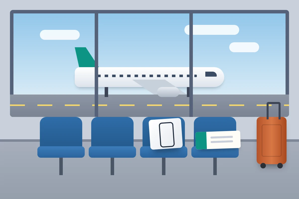 Airport gate seats in front of a window with a plane, with a boxed new phone and a boarding pass on the seats