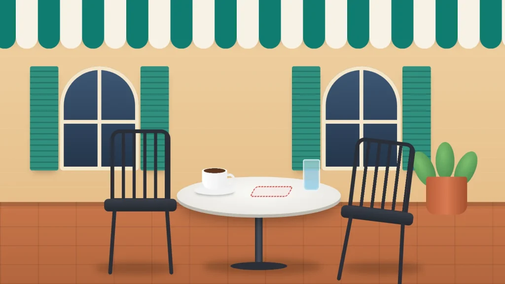 A café terrace table with a coffee cup, a glass of water and a dashed outline where a phone was, beside an empty chair