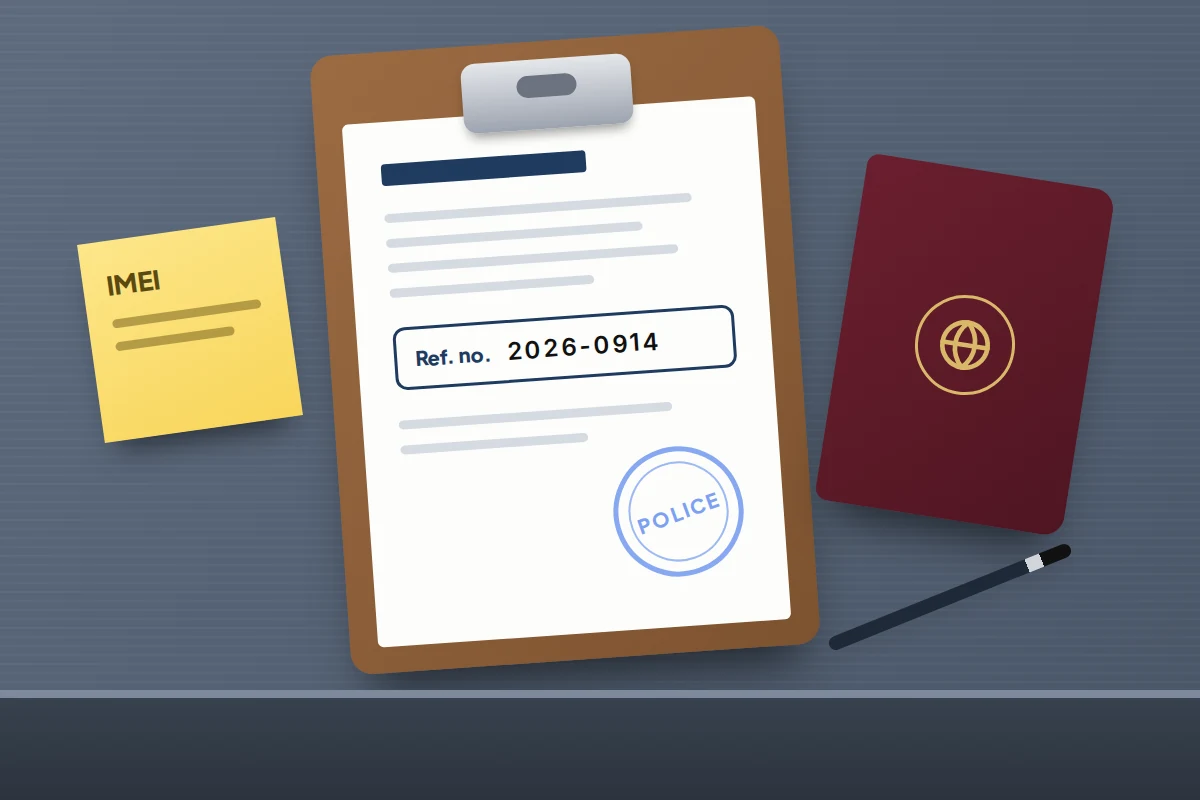 A clipboard holding a police report with a reference number and a stamp, beside a passport, a pen and a note headed IMEI