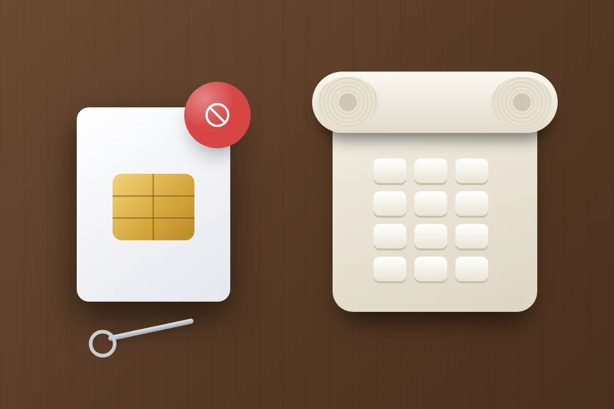 An enlarged SIM card with a red block symbol and an eject pin beside a cream hotel-room telephone
