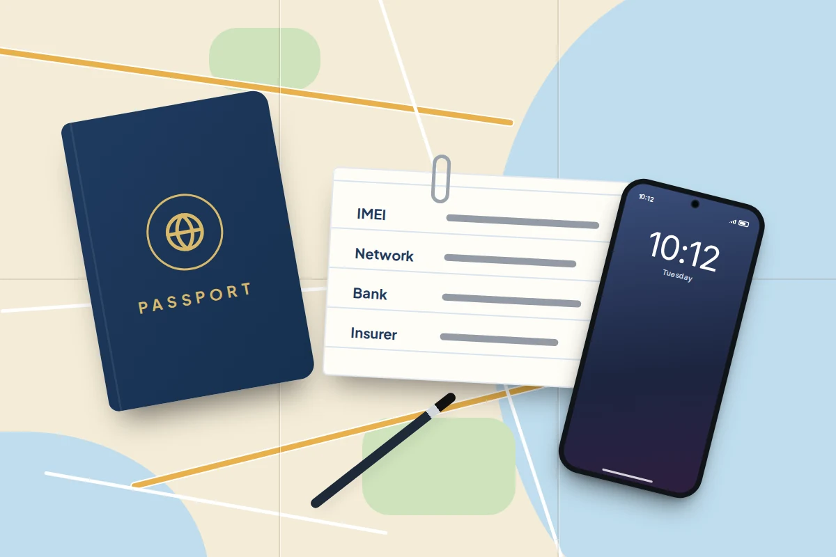 A paper map with a passport, a phone and a clipped card with lines for the IMEI, network, bank and insurer
