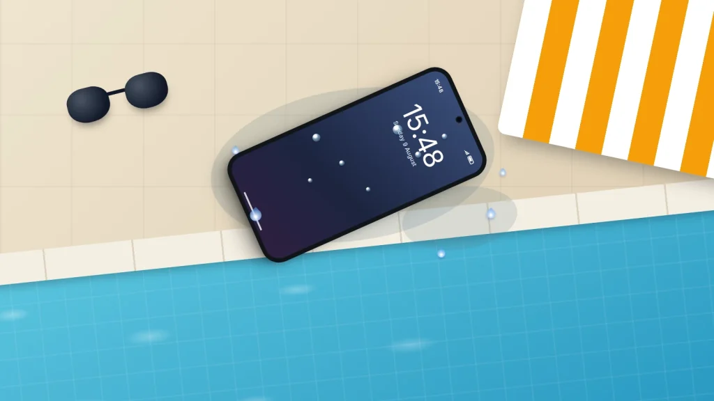 A wet phone with water beads on its screen lying on the tiled edge of a swimming pool, beside a striped towel and goggles