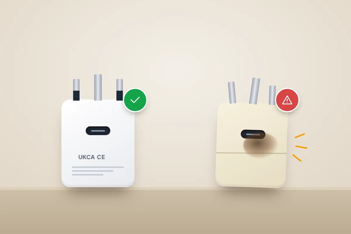 Two white plug chargers: a well-finished one with safety markings and a tick, and a scorched lookalike with a warning badge