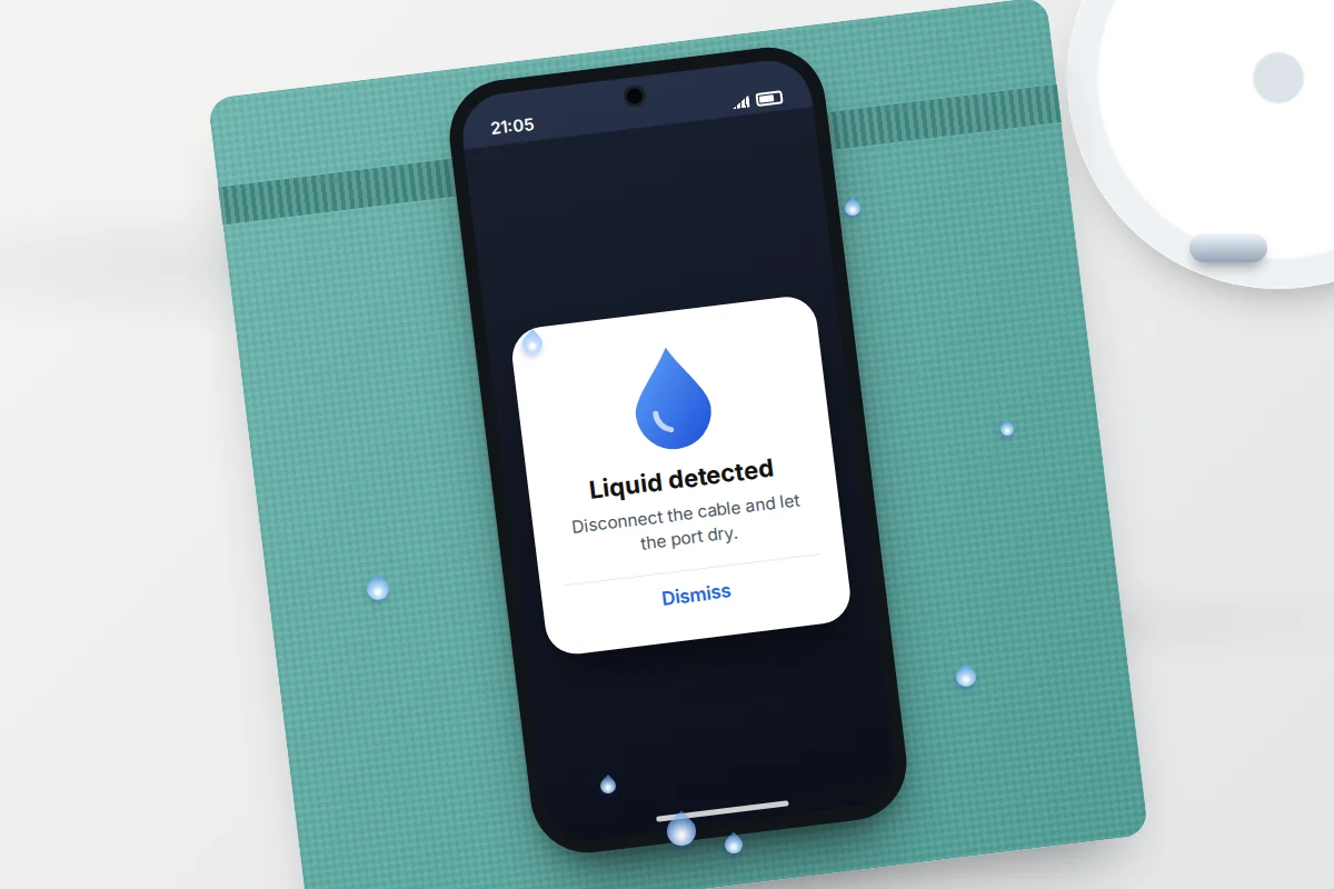 Phone lying on a towel beside a basin, showing a liquid-detected alert, with water drops around it
