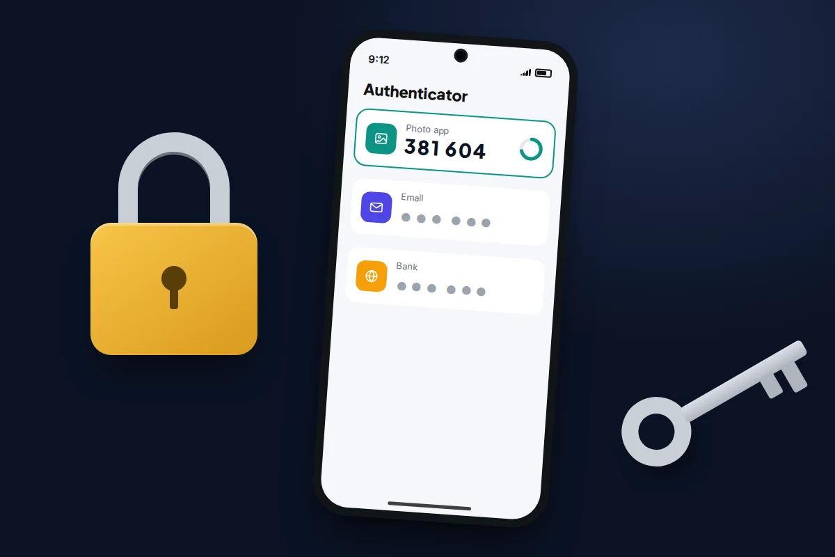 Padlock and key beside a phone displaying a six-digit code with a countdown ring
