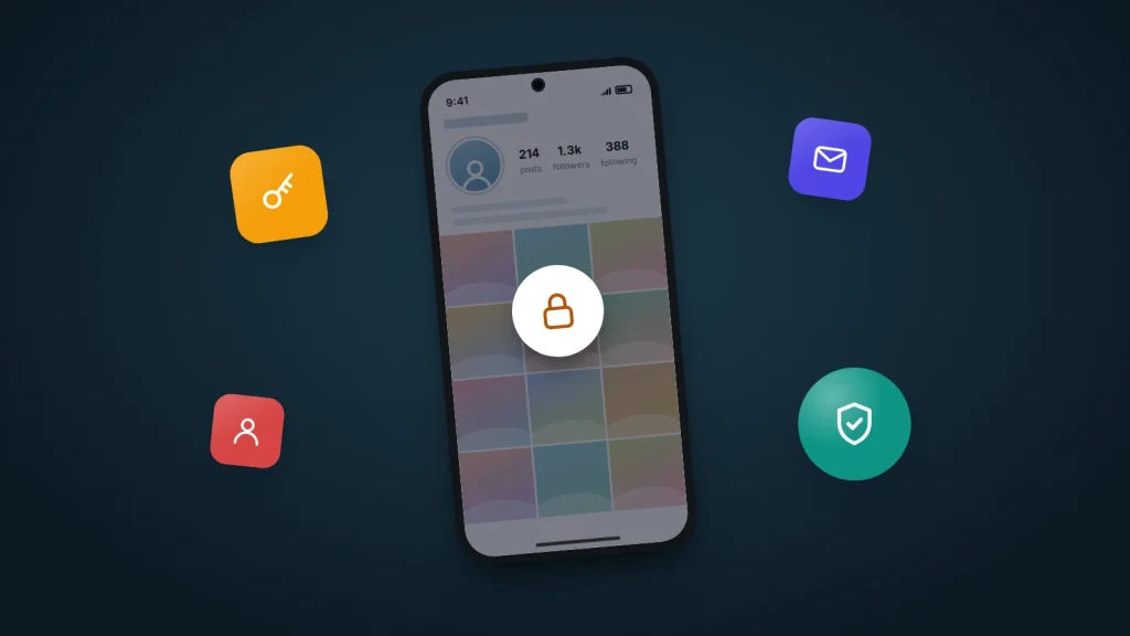Phone showing a generic photo profile dimmed behind a padlock, surrounded by key, email, person and shield icons