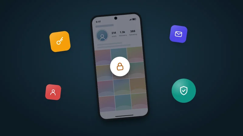 Phone showing a generic photo profile dimmed behind a padlock, surrounded by key, email, person and shield icons