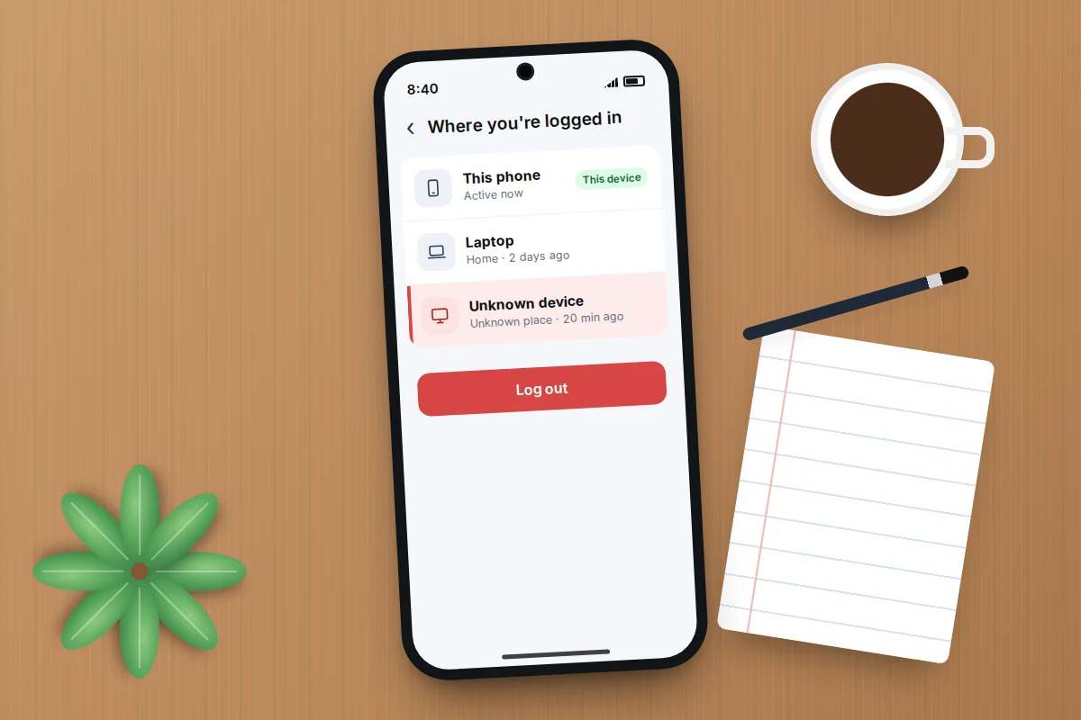 Desk flat-lay with a phone listing logged-in devices, one marked unknown with a log out button