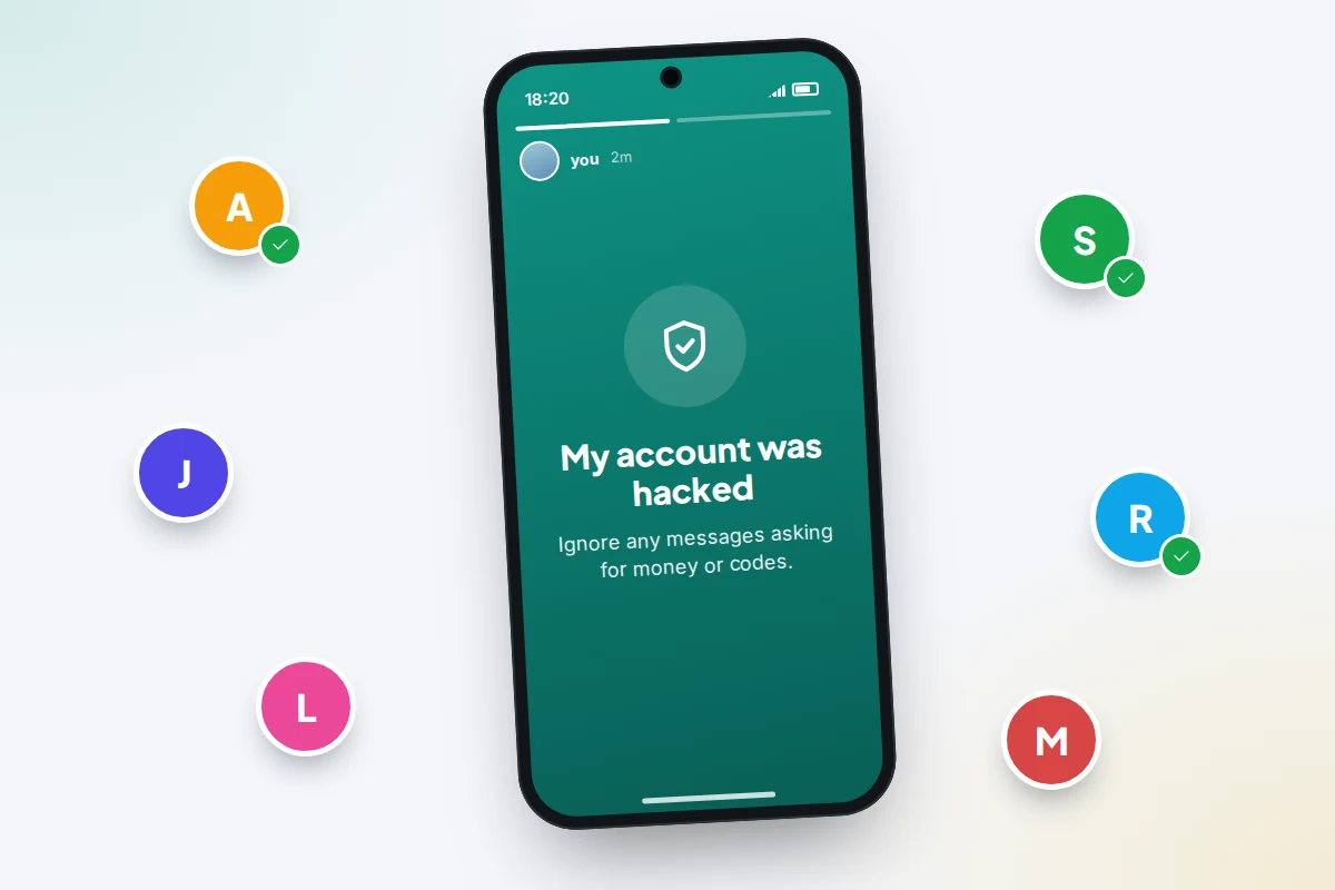 Phone showing a story saying my account was hacked, surrounded by follower avatars, some with green ticks
