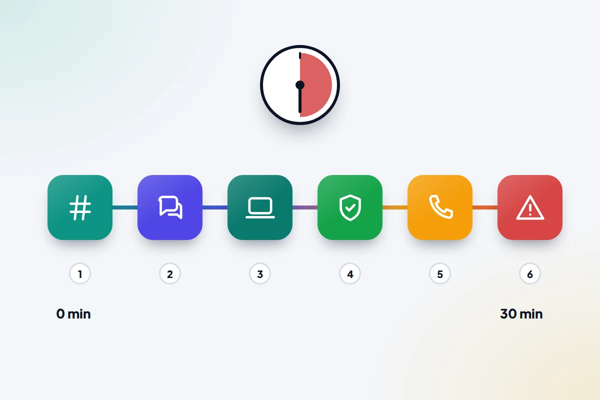 Six numbered step icons along a coloured line beneath a half-shaded clock, running from 0 to 30 minutes