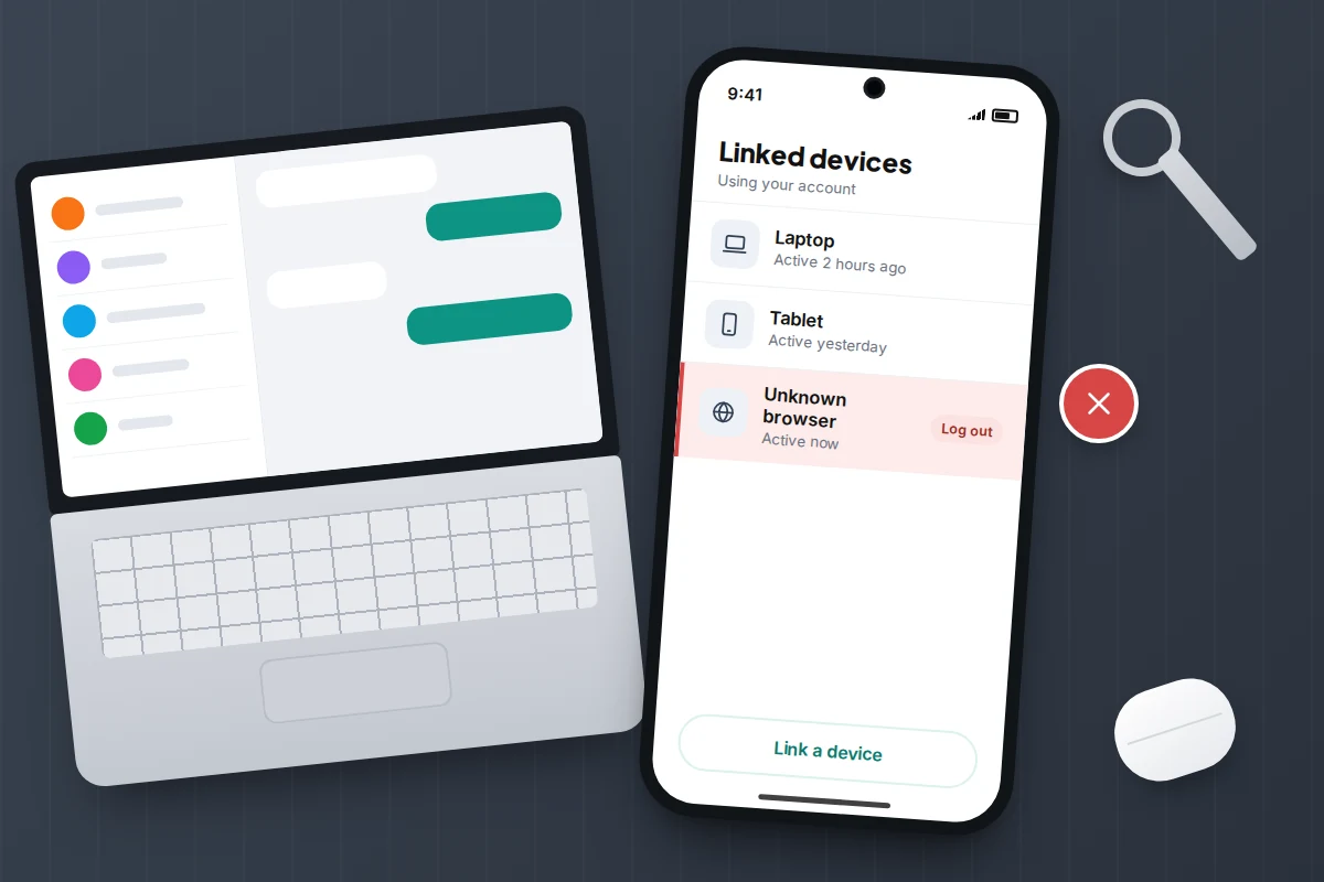 A laptop and a phone on a slate desk, the phone listing linked devices with an unknown browser marked Log out