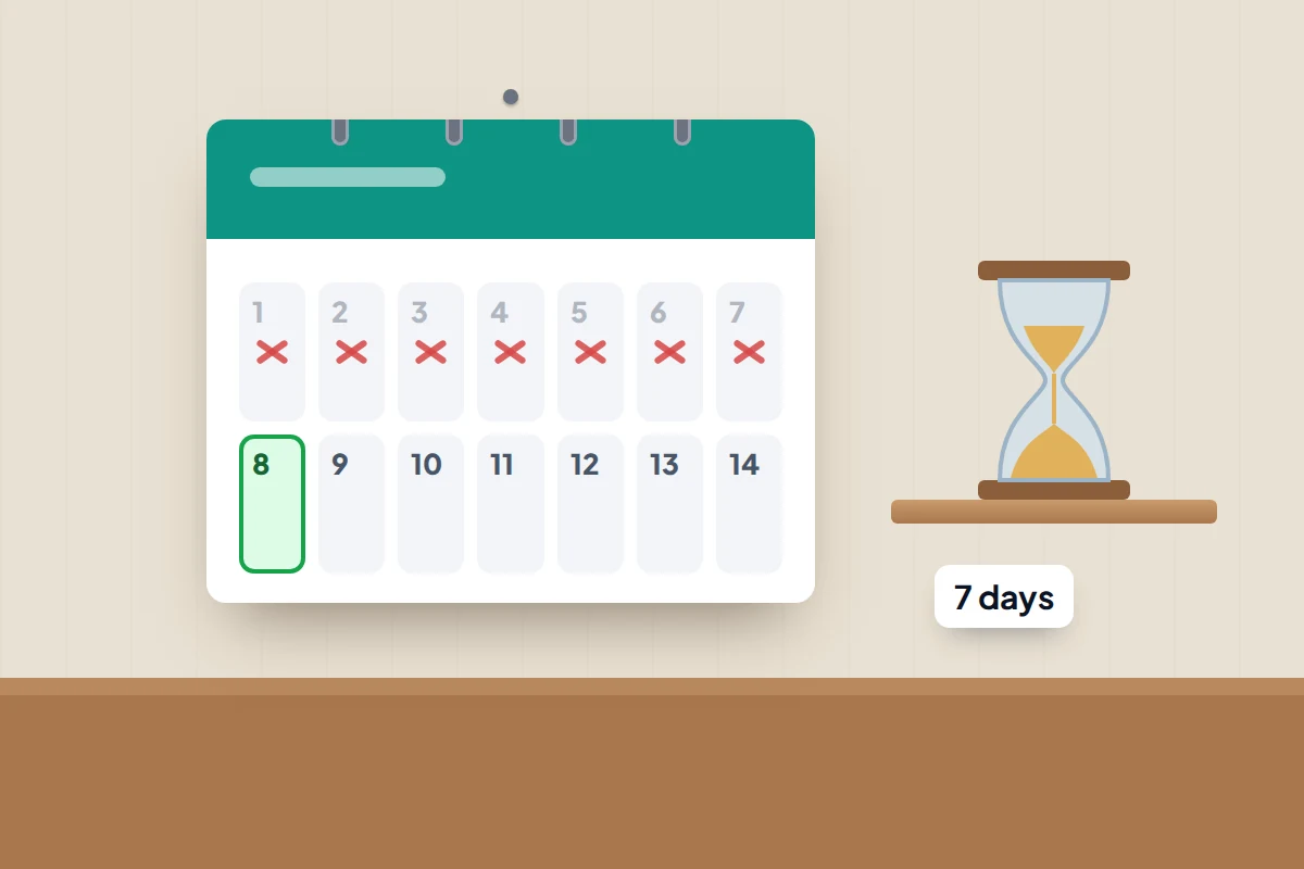 A wall calendar with seven days crossed off and day eight ringed in green, beside an hourglass on a shelf