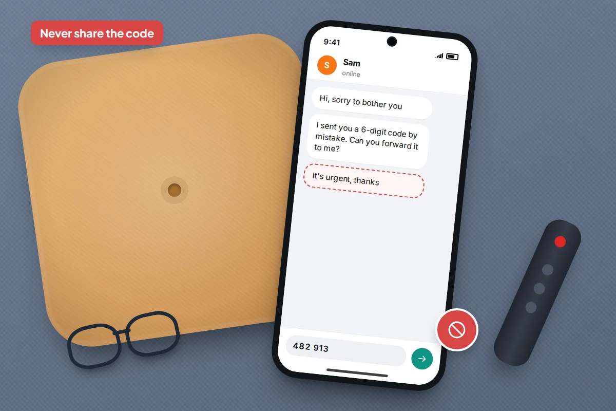 A phone on a sofa cushion showing a chat asking to forward a six-digit code, with a red stop badge by the send button
