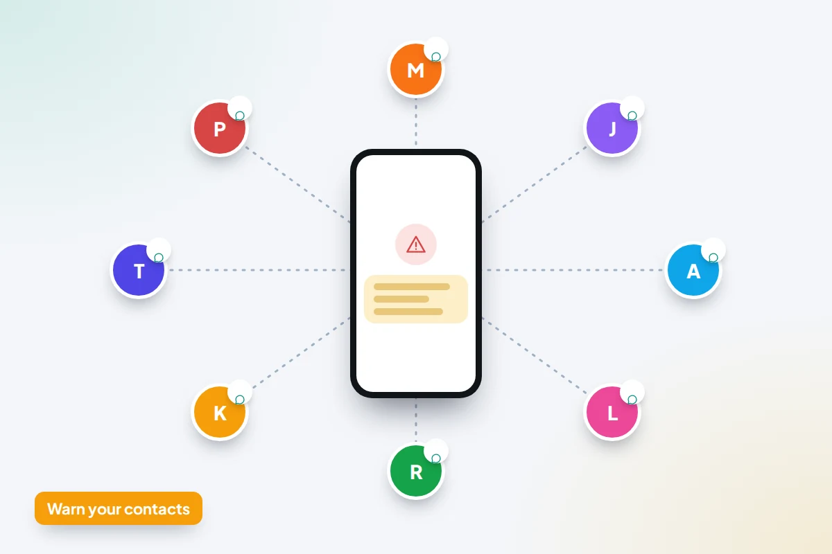 A phone at the centre sending a warning bubble out to a circle of contact avatars