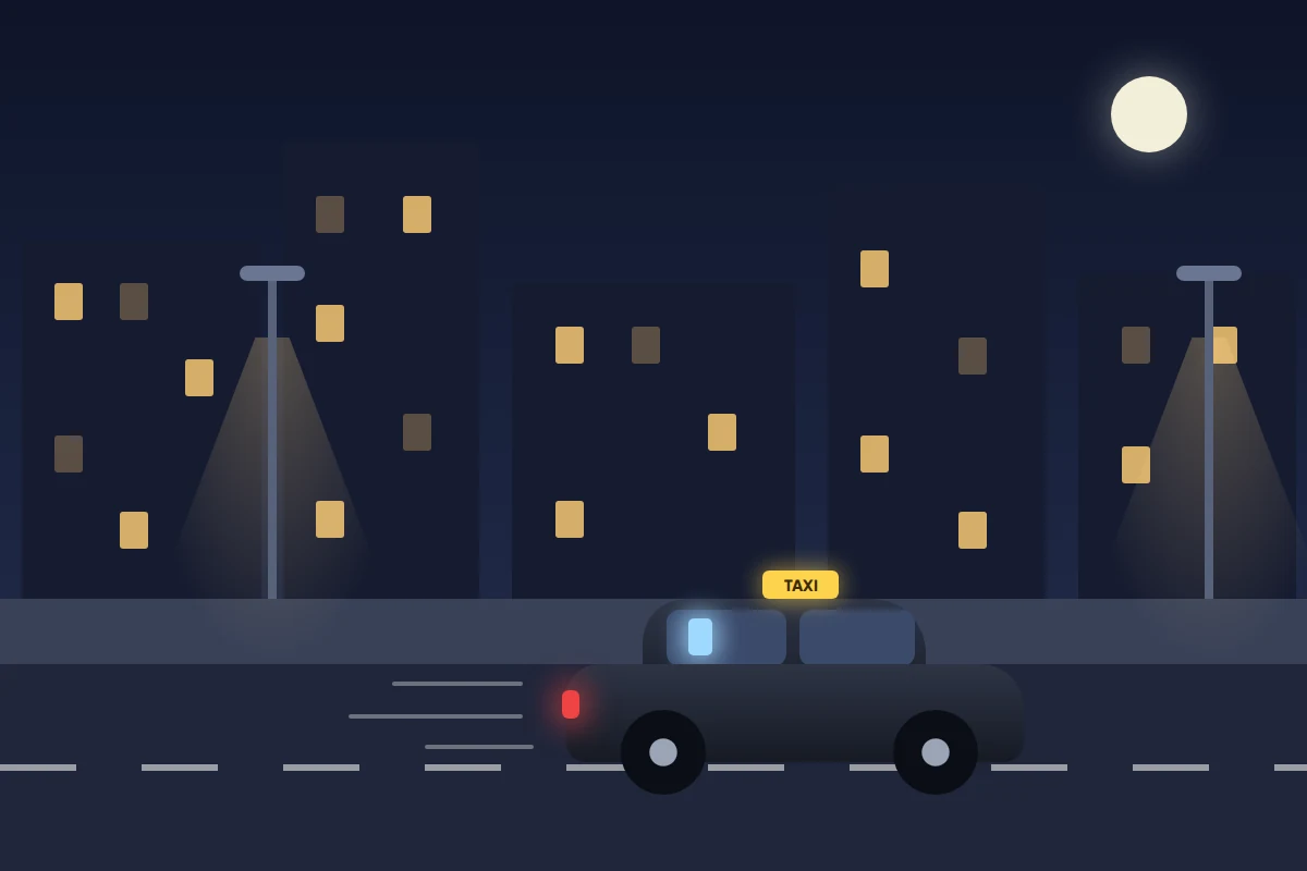 A night street with a taxi driving away past street lamps and a glowing phone left on its back seat