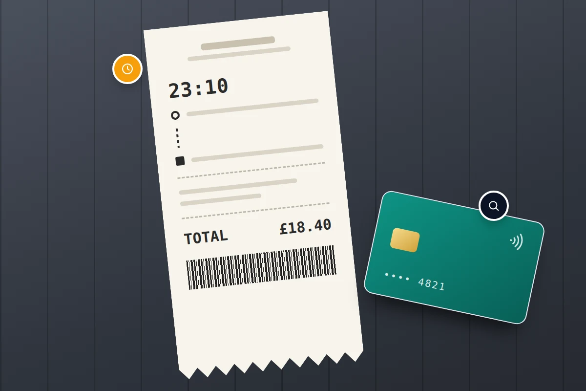 Close-up of a taxi receipt with a pickup time, route and fare beside a bank card on a car seat