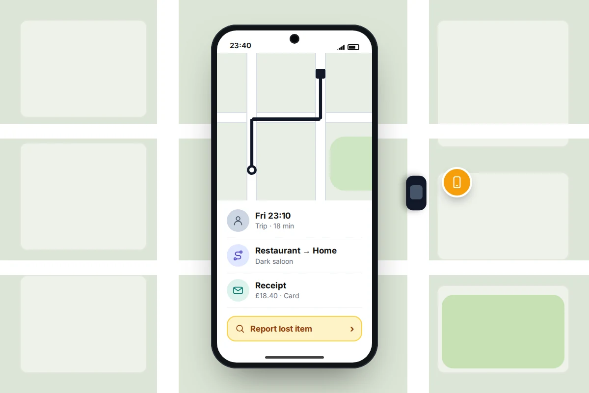 A phone over a street map showing a finished trip with its time, route, fare and a Report lost item button