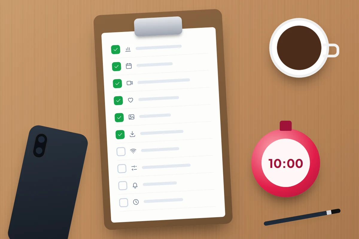 A clipboard with a ten-item tick list, a timer showing ten minutes and a phone face down on a desk
