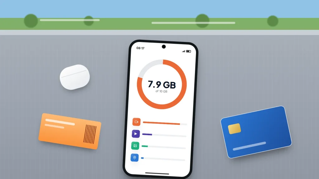 A phone showing a mobile data usage ring nearly full, on a train table by the window beside earbuds, a bank card and a ticket