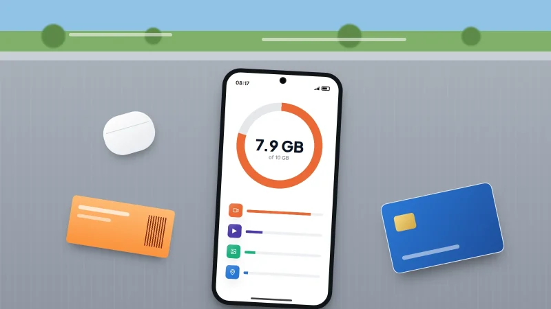 A phone showing a mobile data usage ring nearly full, on a train table by the window beside earbuds, a bank card and a ticket