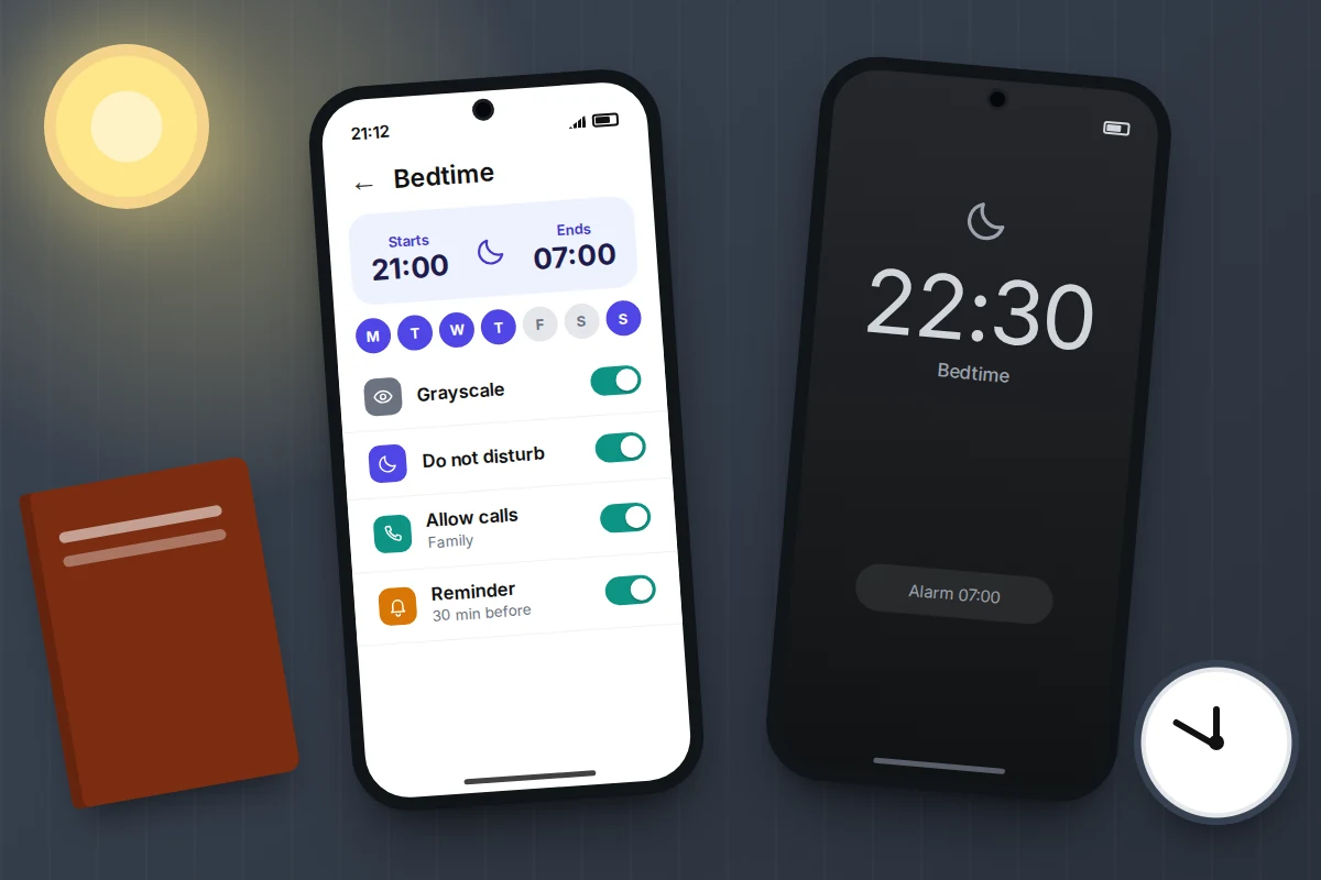 Two generic phones on a bedside table, one showing a bedtime schedule with grayscale on, one showing a dark sleep screen