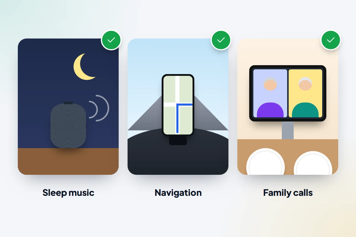Three scenes marked as allowed: a bedside speaker at night, a phone map in a car holder, and a video call with grandparents
