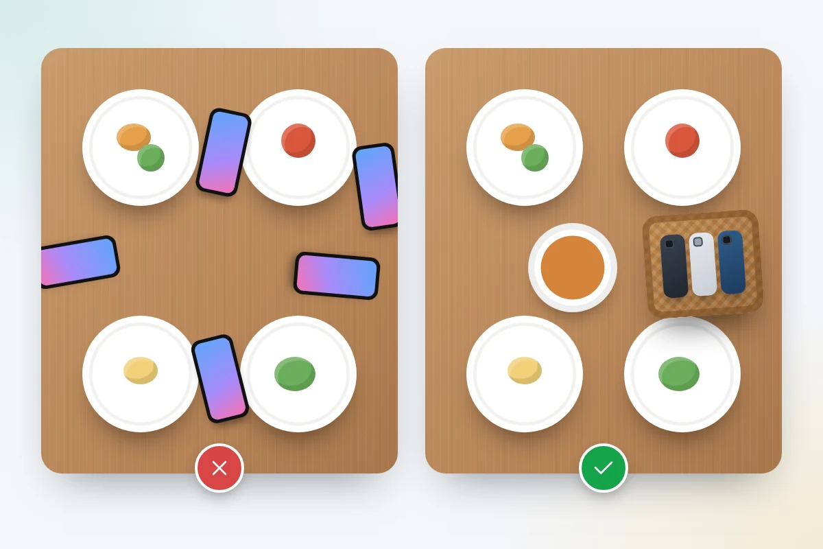 Two dinner tables from above: one with phones scattered between the plates, one with the phones together in a basket