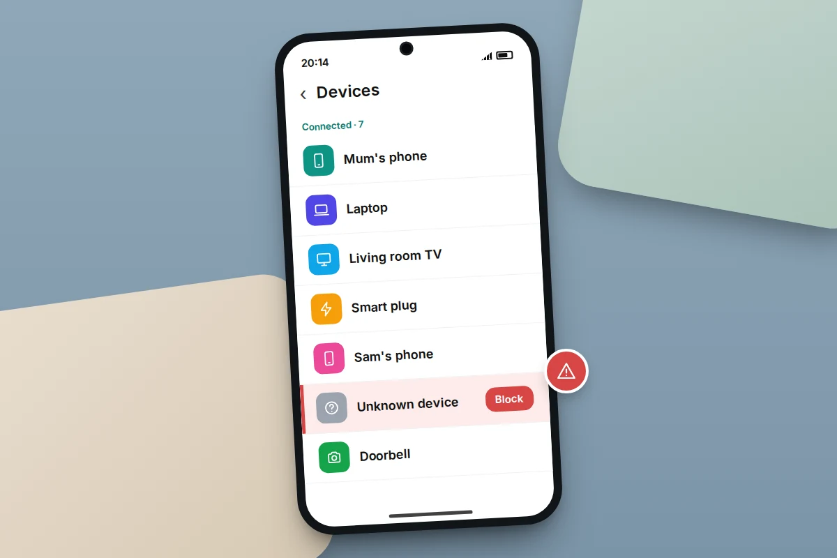 A phone showing a connected devices list with named family devices and one unknown device flagged in red with a block button