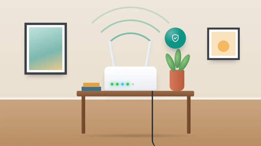 A white home router with glowing lights on a hallway table, Wi-Fi waves rising above it and a green shield badge