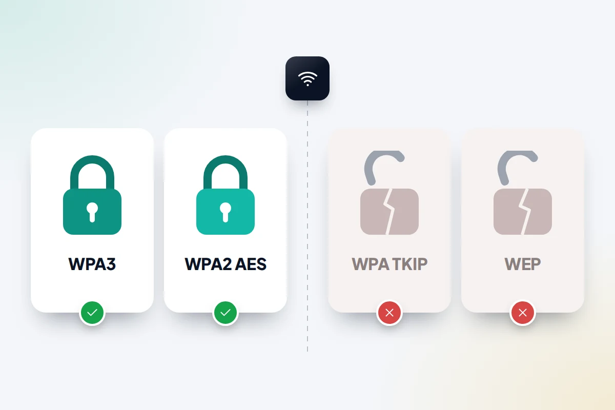 Four padlock tiles: WPA3 and WPA2 AES with green ticks, WPA TKIP and WEP with red crosses and broken padlocks