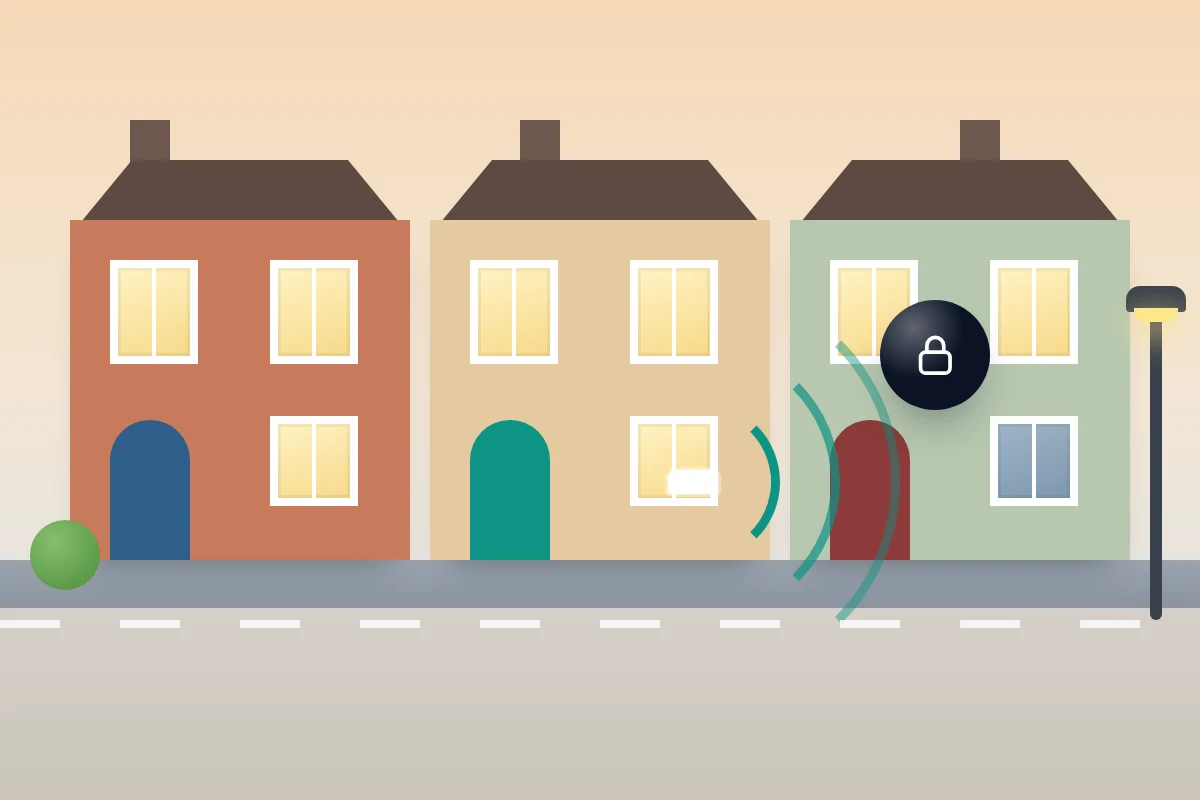 A row of houses seen from the street, Wi-Fi waves from one window spreading into the house next door, with a padlock badge
