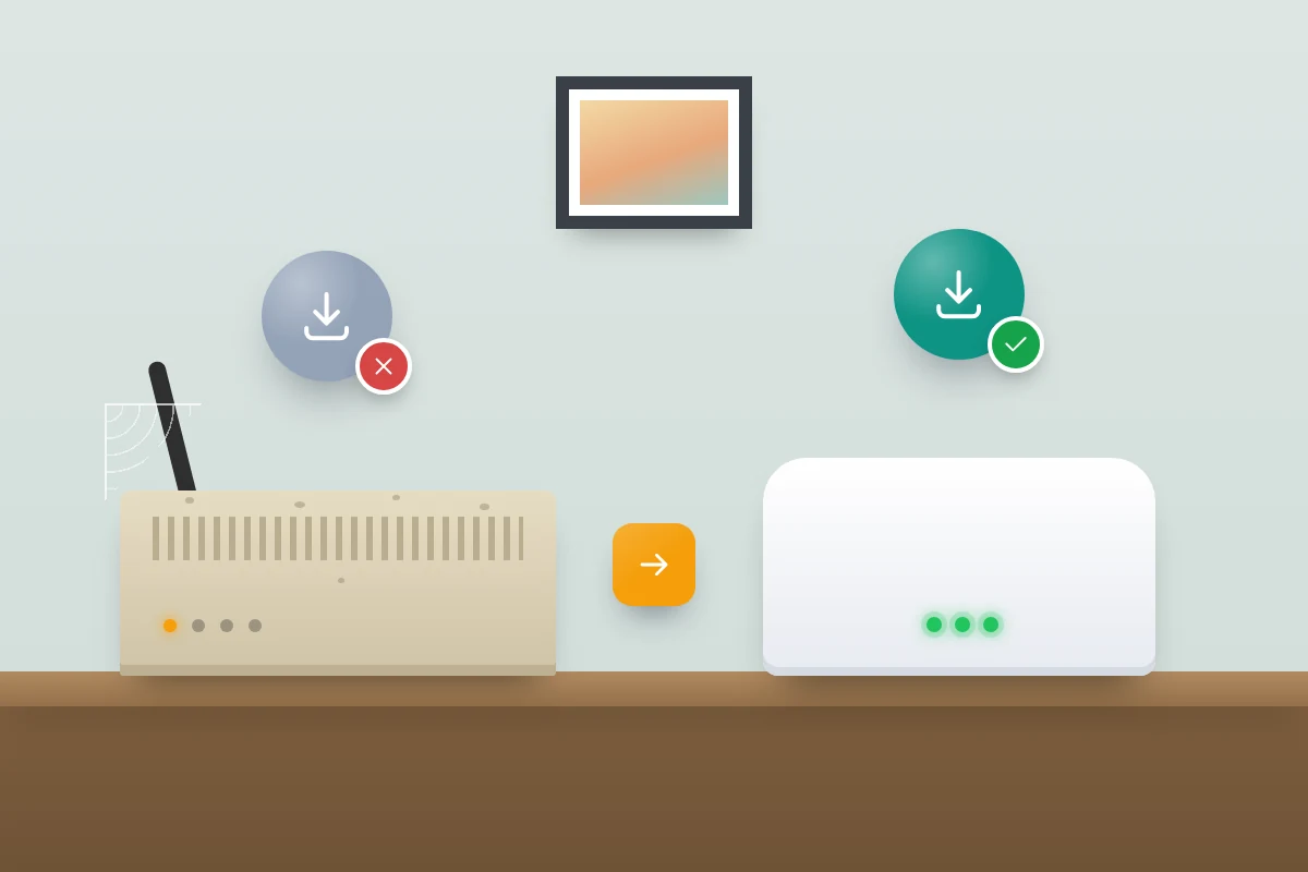 A dusty beige router under a cobweb with a crossed-out update icon, an arrow pointing to a newer router with an update tick