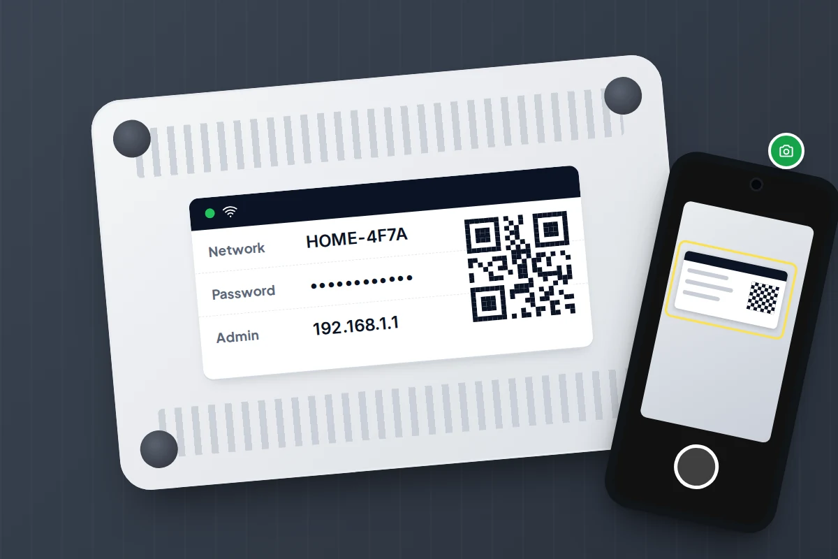 Router underside sticker with network name, masked password, admin address and QR code, a phone camera framing it