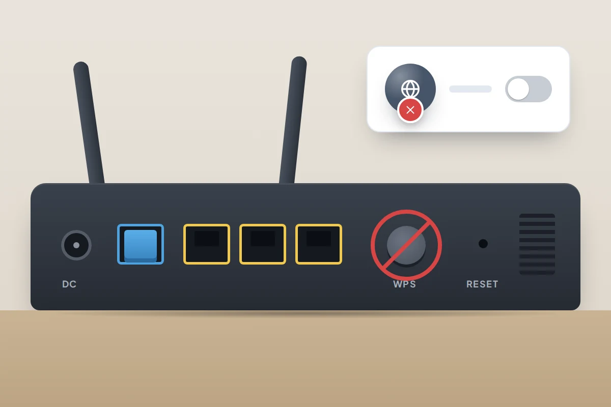 Back of a router with its WPS button crossed out, and a remote-access globe icon beside a switch turned off