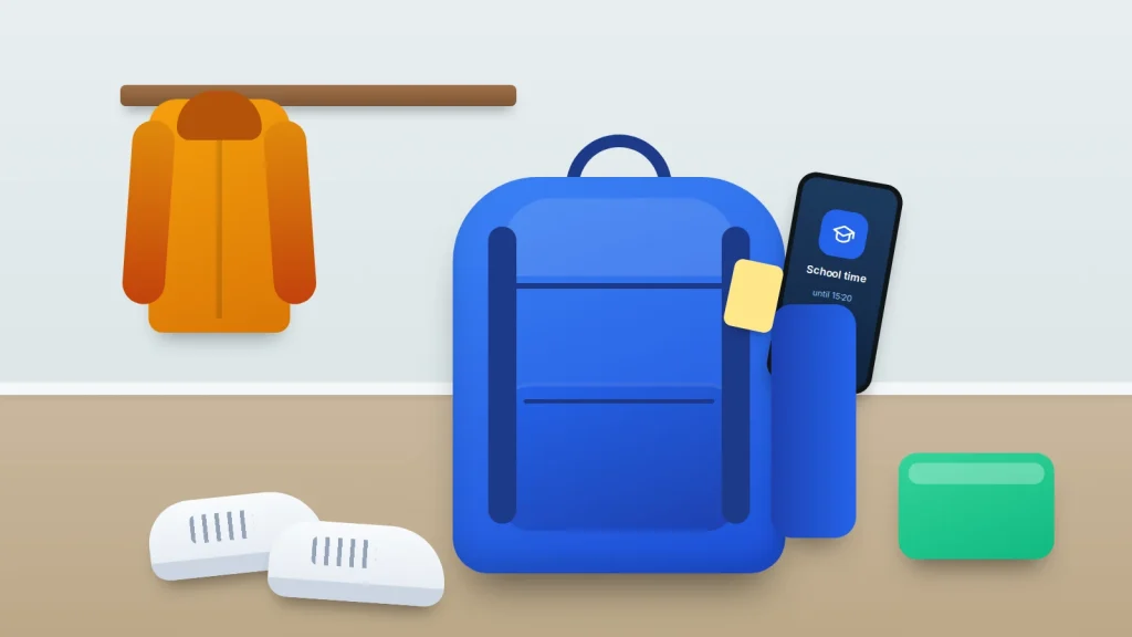 A school backpack by a coat hook with a phone in its side pocket showing a school time screen