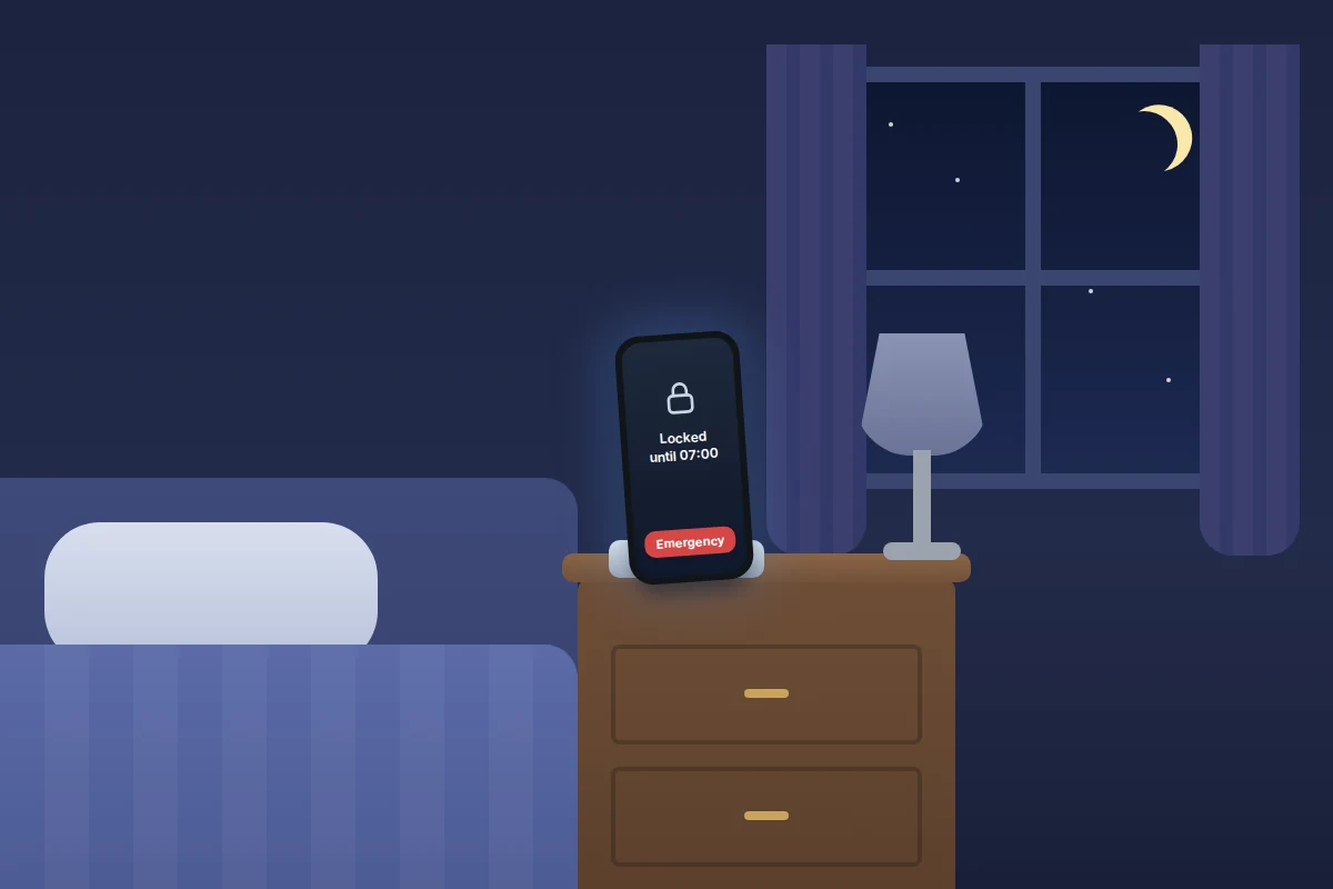 Dark bedroom with a phone on a bedside table showing a locked screen with an emergency call button