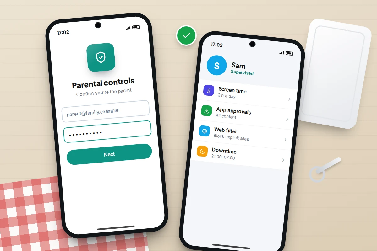 Top-down table with a child's phone asking the parent to confirm, beside a parent's phone listing the child's settings