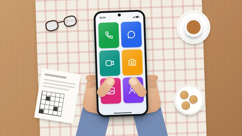 Hands holding a phone with large colourful app tiles over a checked kitchen tablecloth, with tea, biscuits and reading glasses