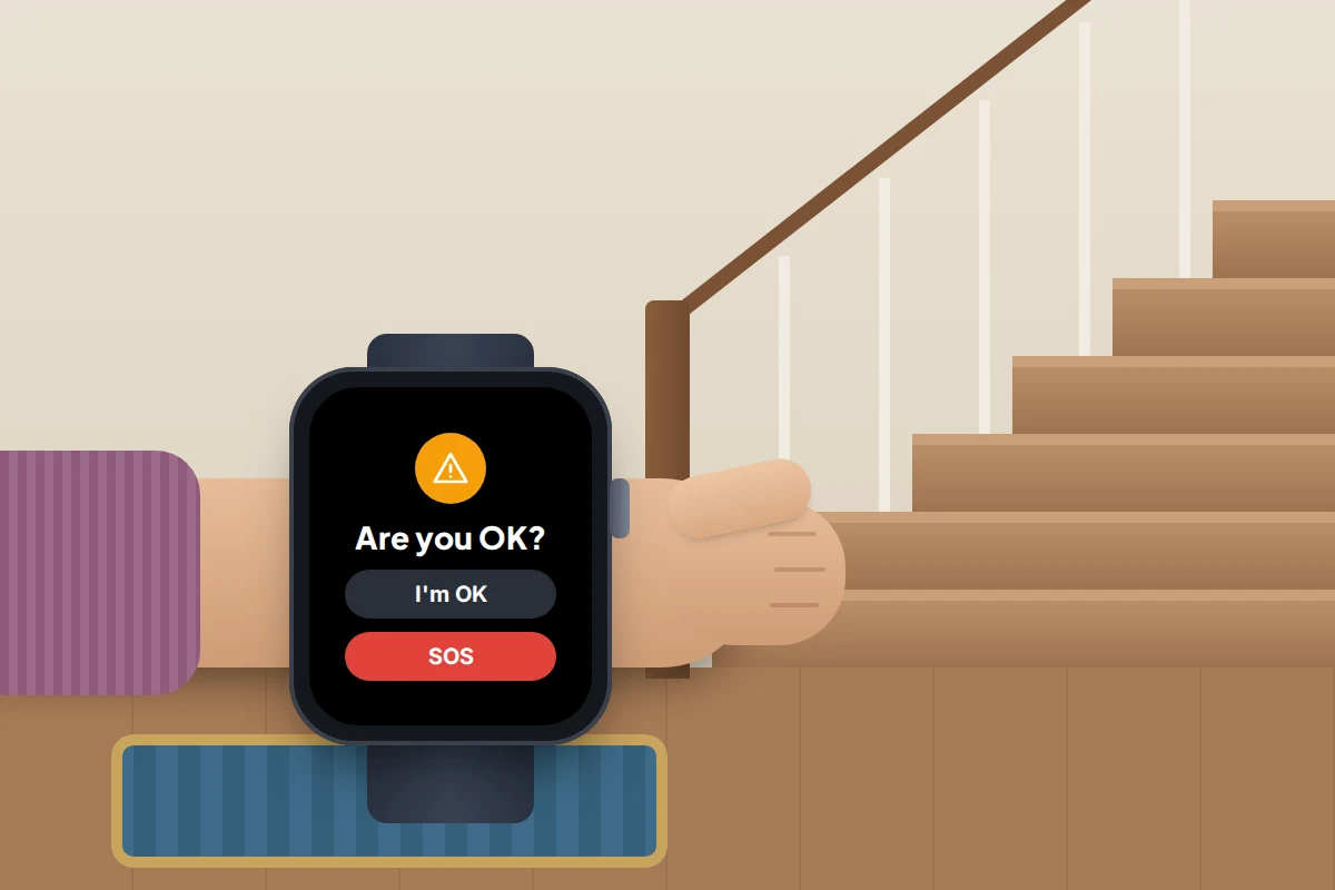 A smartwatch on a wrist at the foot of a staircase showing a large alert asking if the wearer is okay