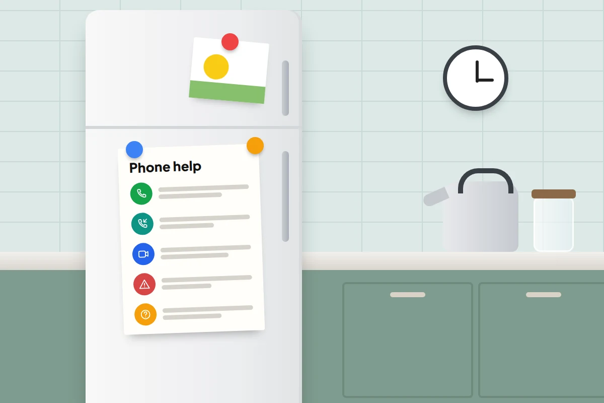 A kitchen fridge with a printed phone help sheet held by magnets, with icons for calls, call-backs, video calls, money warnings and help