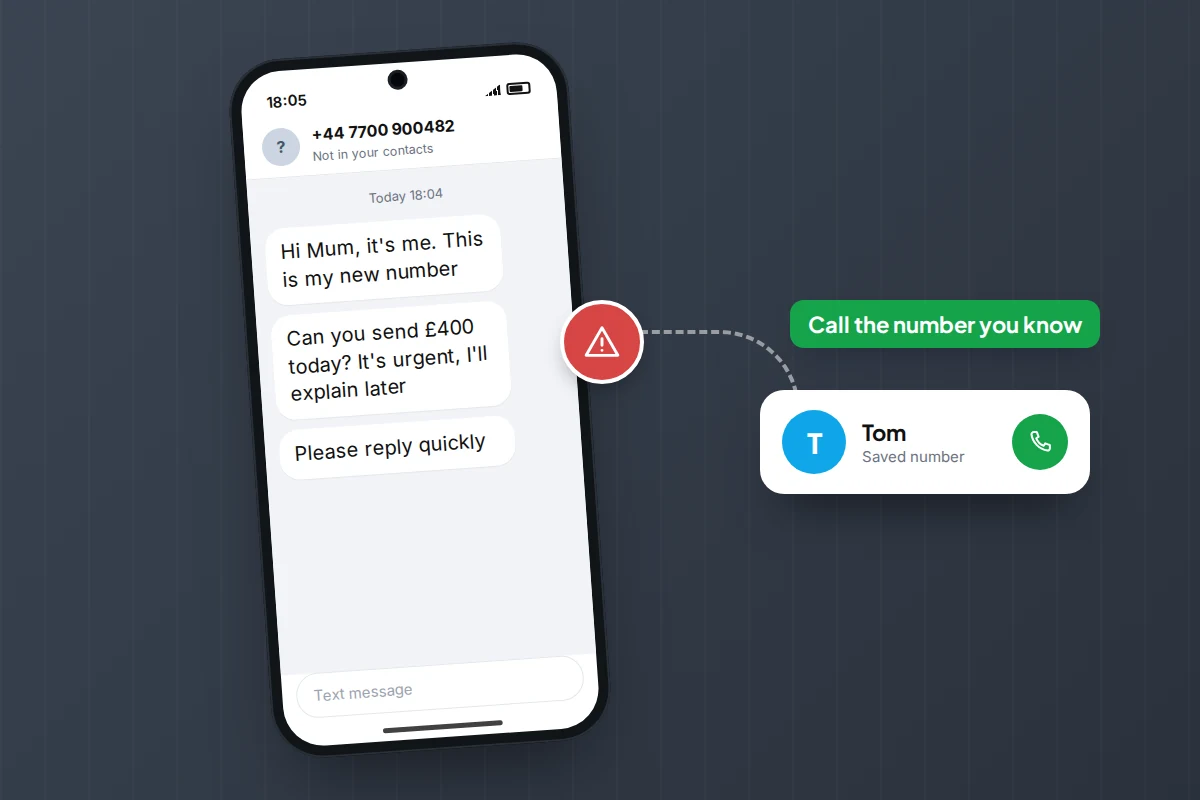 A phone showing a message from an unknown number asking for money urgently, beside a saved contact card with a call button