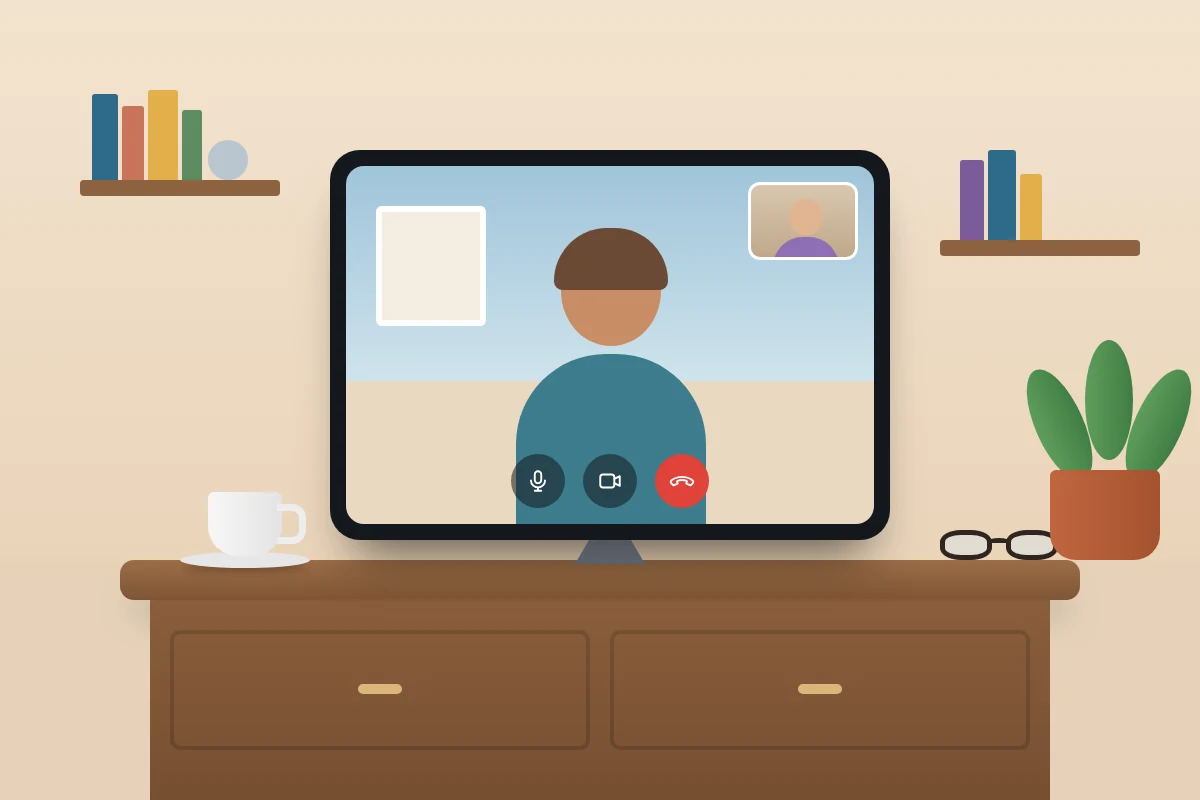 A tablet on a stand on a living-room sideboard showing a video call, with a teacup and reading glasses beside it