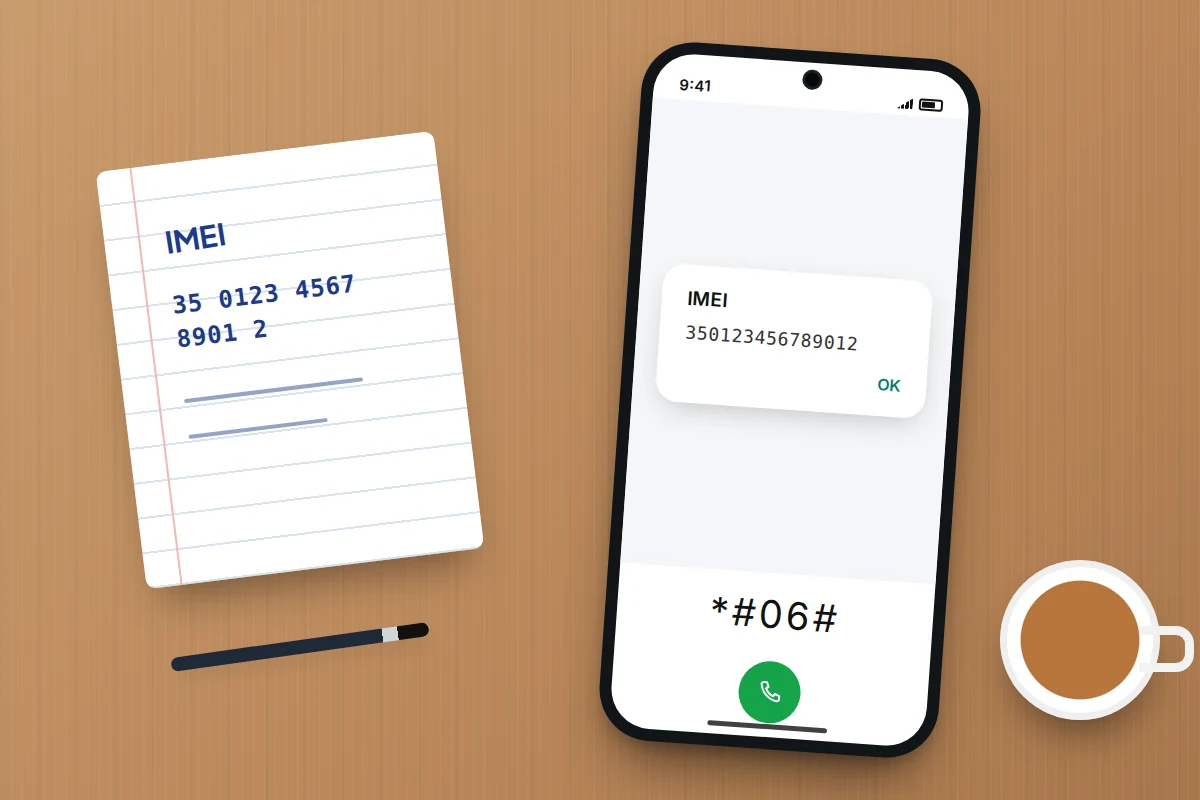 A flat-lay of a notebook with a written IMEI placeholder next to a phone showing the star hash zero six hash code