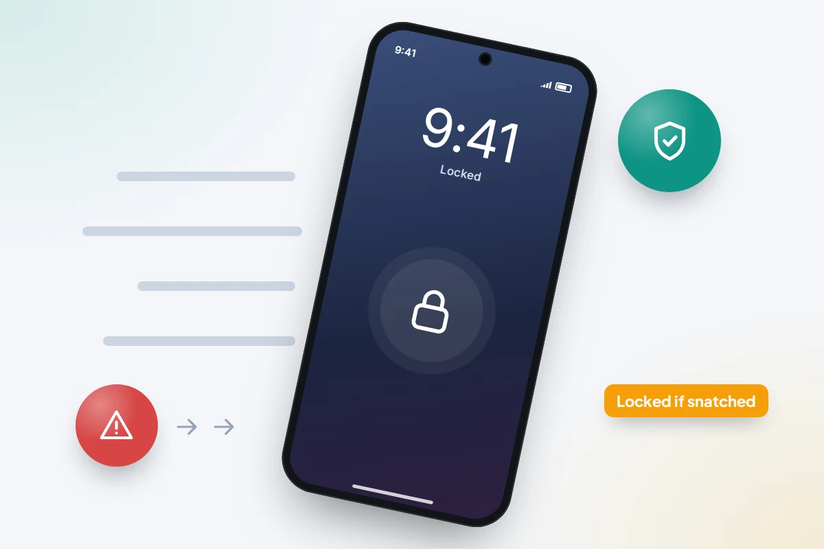 A phone being pulled away with motion lines while its screen switches to a locked padlock